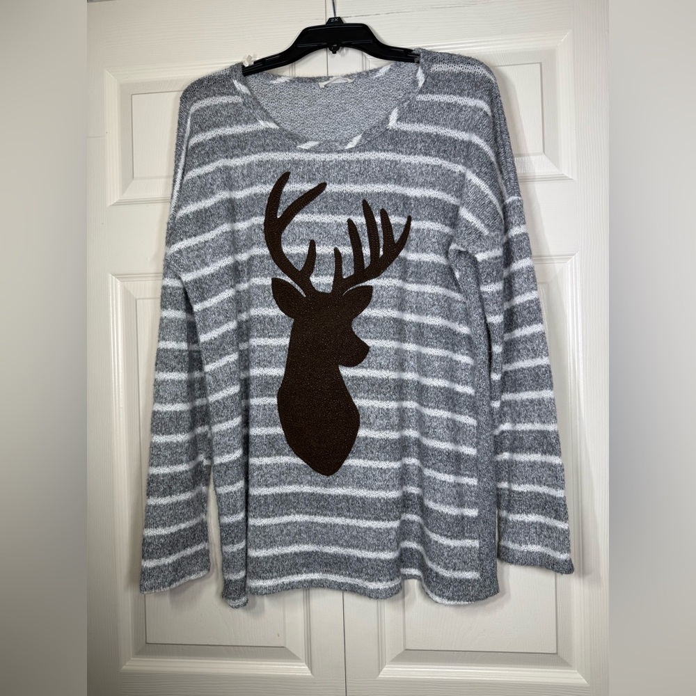 BO BEL Women’s Sequined Deer Print Long Sleeve Striped Festive Shirt